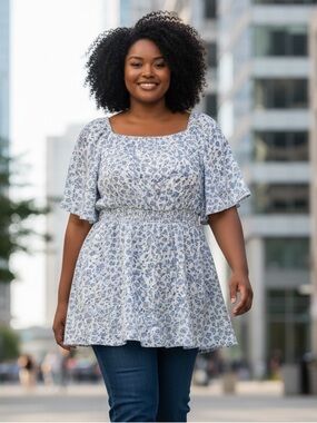 Bloomchic Square-Neck Smocked-Waiist Blouse